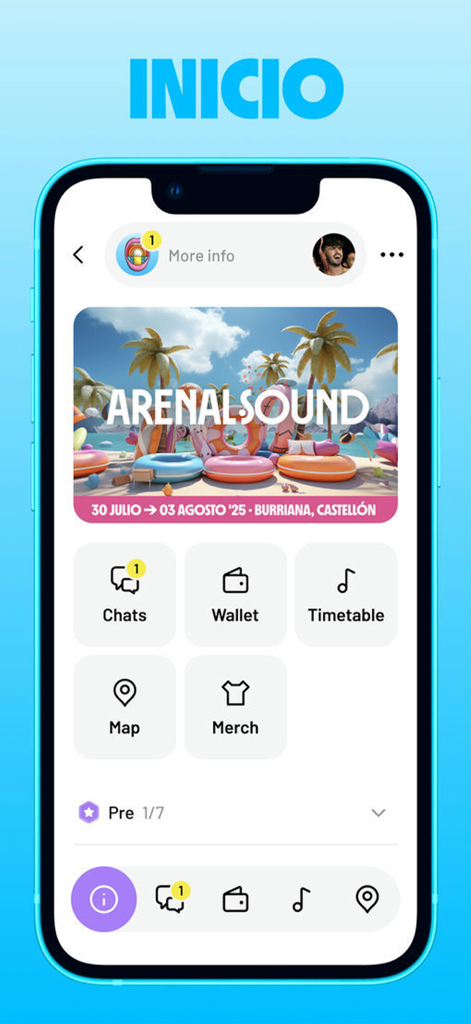 Arenal Sound Official - Pantalla de inicio de la app oficial de Arenal Sound con botones para chats, cartera, horario y mapa.