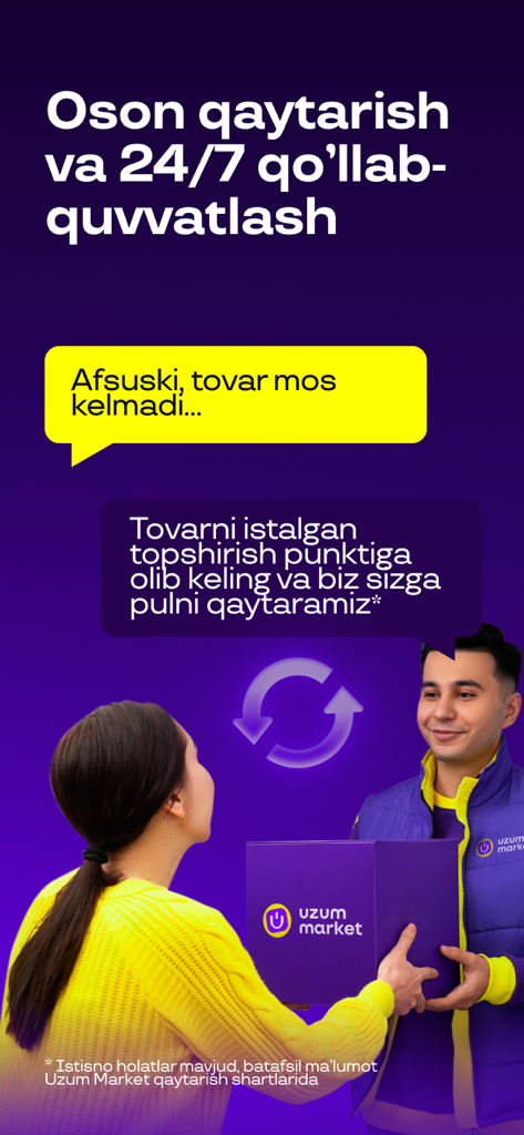Uzum Market:Online Marketplace - Uzum Market app screen showing easy returns and 24/7 customer support with a person returning a package
