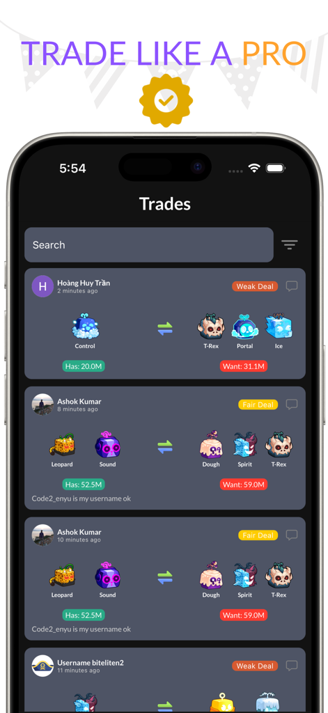 Blox Fruits Values Calculator - Un feed di scambi della community all'interno dell'app Calcolatore Valori Blox Fruits che mostra varie offerte di scambio di frutti e valutazioni degli affari