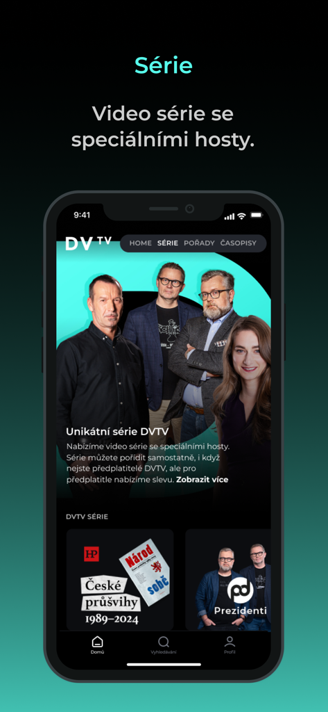 DVTV mobile app interface displaying unique video series and guest interviews