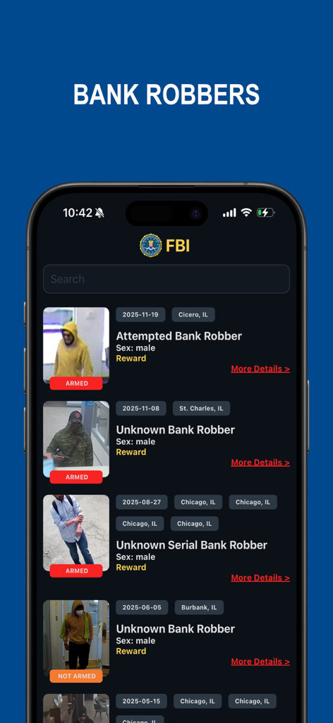 FBI Bank Robbers - Interface of the FBI Bank Robbers app displaying a list of wanted suspects with surveillance photos and incident locations