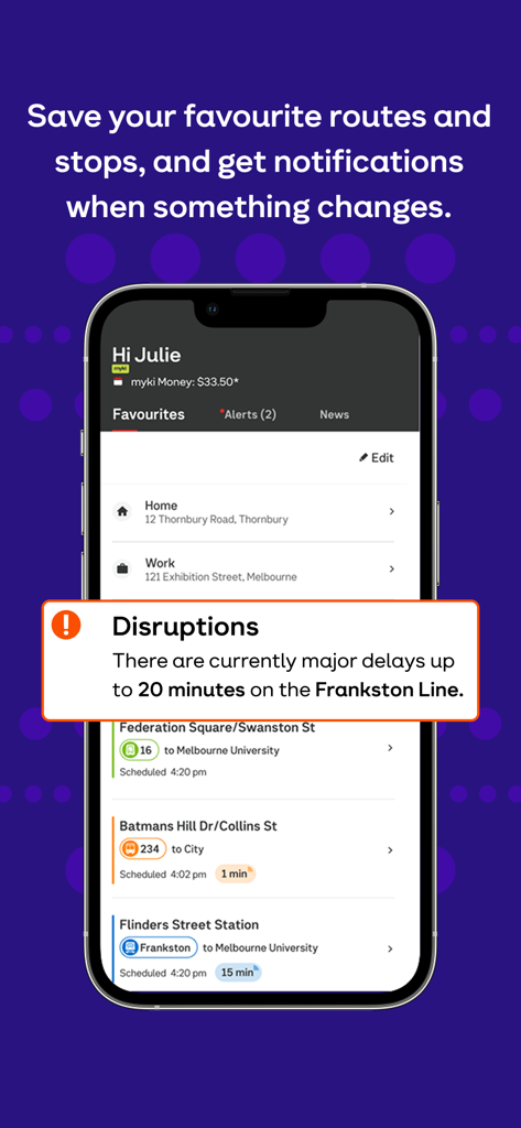 Interfaz de la aplicación PTV que muestra una lista de rutas de transporte favoritas y una alerta de interrupción en tiempo real para la Línea Frankston.
