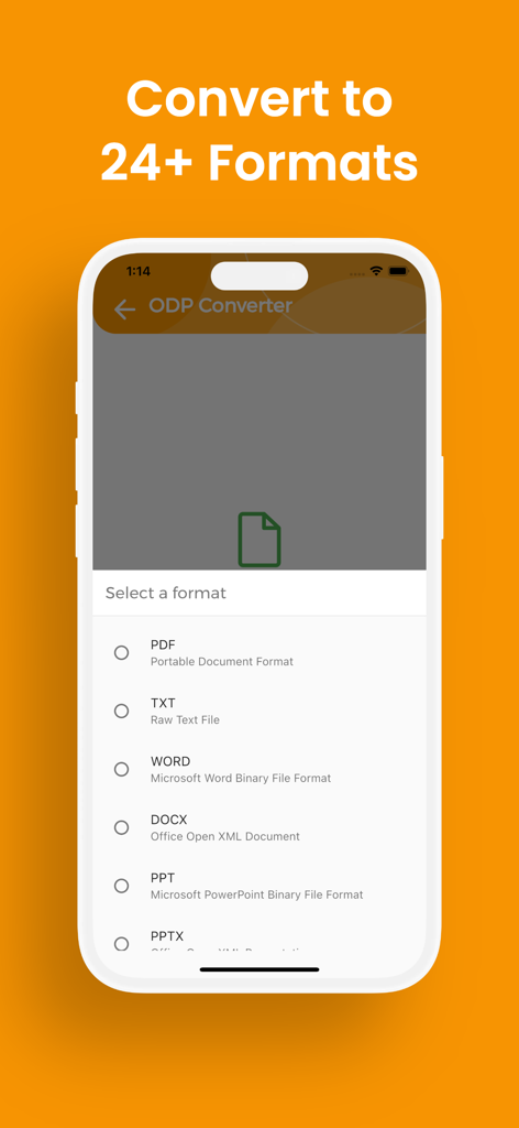 ODP Converter, ODP to PPTX - ODP Converter app interface displaying options to convert files to PDF Word and PowerPoint formats.