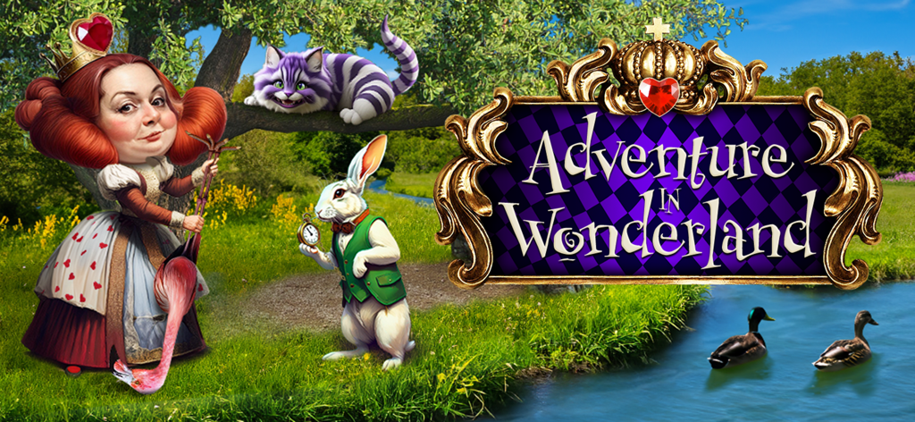 Adventure in Wonderland - Banner del juego Aventura en el País de las Maravillas que muestra a la Reina de Corazones, el Conejo Blanco y el Gato de Cheshire.