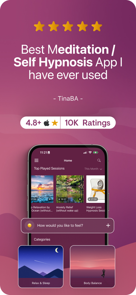 Harmony Self Hypnosis - Harmony Self Hypnosis app interface showing a five star user review and categories for relaxation and anxiety relief