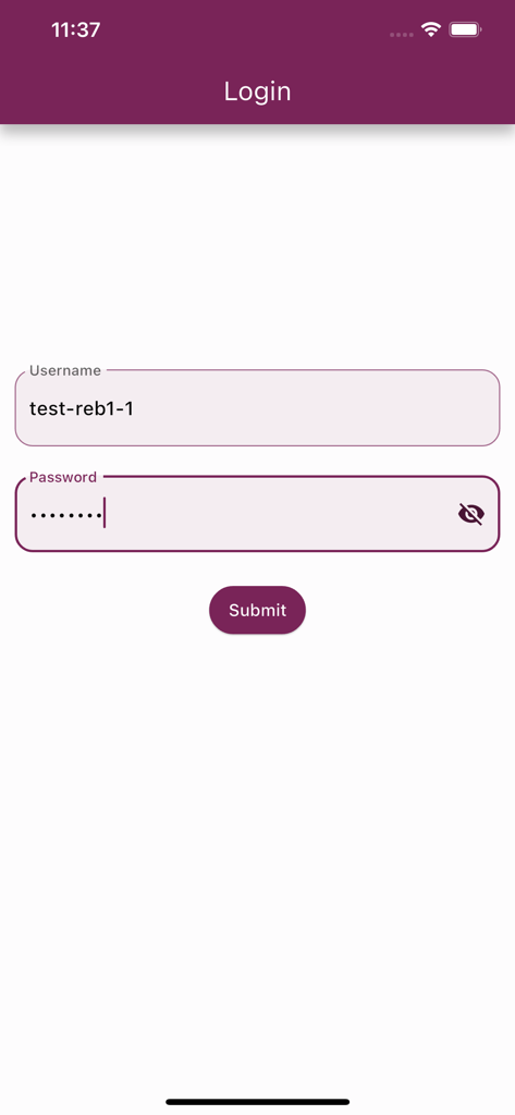 Rebecca - Login screen of the Rebecca clinical research app with username and password input fields