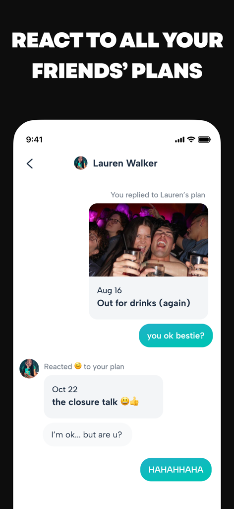 A mobile screen showing the Howbout app chat interface where friends react and comment on shared calendar events.