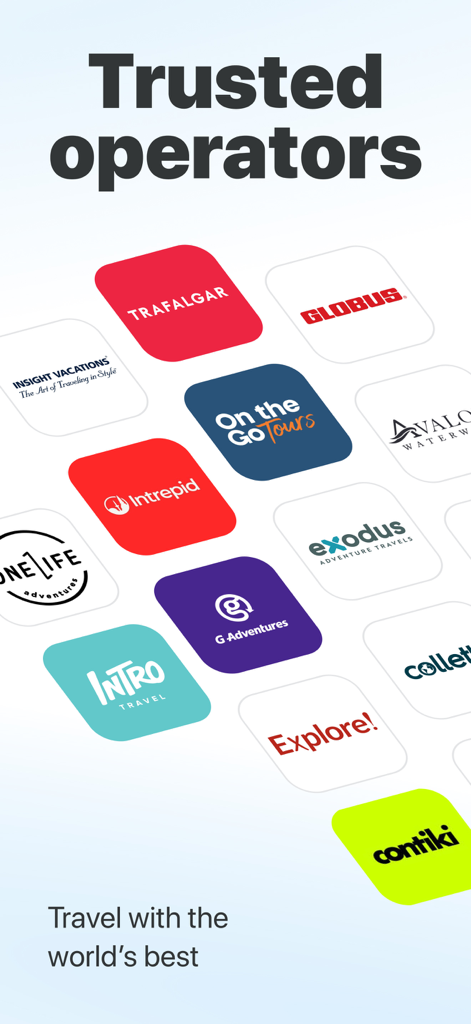 A collection of logos from trusted travel operators like Intrepid, G Adventures, and Contiki on the TourRadar app.