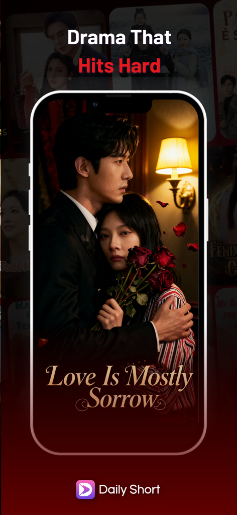 Interfaz de la aplicación DailyShort mostrando un minidrama romántico titulado El Amor Es Mayormente Dolor.