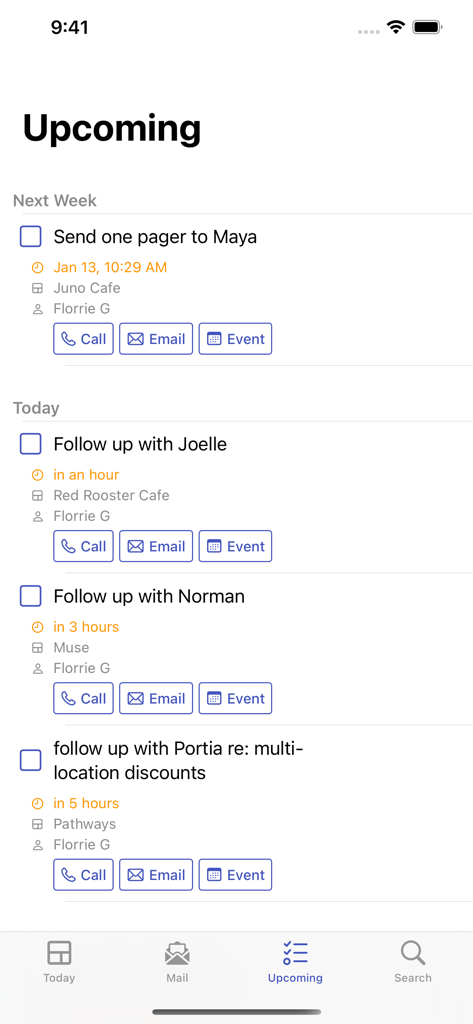 Upcoming task list in Streak CRM showing scheduled follow ups
