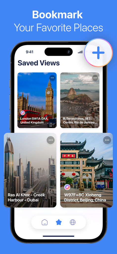 Street View 360° Travel Guide - Ein Smartphone-Bildschirm, der den Abschnitt 'Gespeicherte Ansichten' der Street View 360 App mit verschiedenen globalen Reise-Lesezeichen anzeigt.