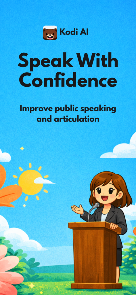 Kodi AI: Speaking Coach - A woman practicing public speaking at a podium on a sunny day in the Kodi AI app screen
