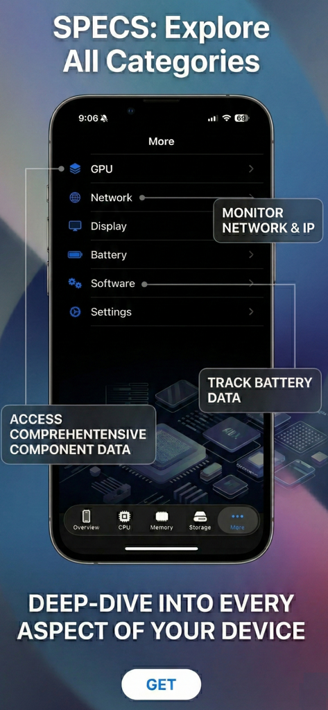 Specs: Device Info & Widget - iPhone interface showing hardware categories including GPU, network, and battery in the Specs app