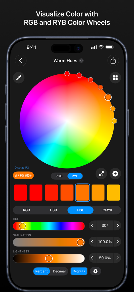 Colorlogix - Color Design Tool - Interfaz de la aplicación Colorlogix con una rueda de color y controles deslizantes de ajuste para el diseño