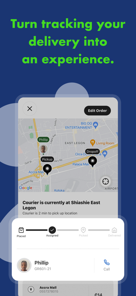 Qargo: Request a Delivery - Interface of the Qargo app showing real-time delivery tracking with a map and courier details