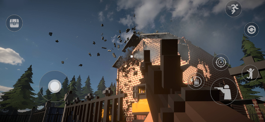 Voxel Destruction Sandbox - First person view of a voxel building exploding in Voxel Destruction Sandbox