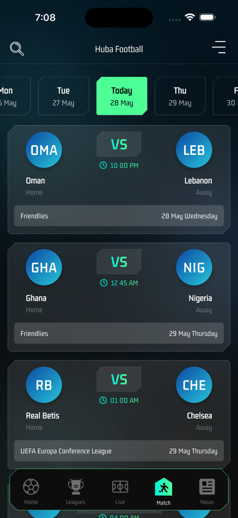 Huba Football - Interfaz de la aplicación Huba Football que muestra los partidos y las fechas de los partidos de fútbol.