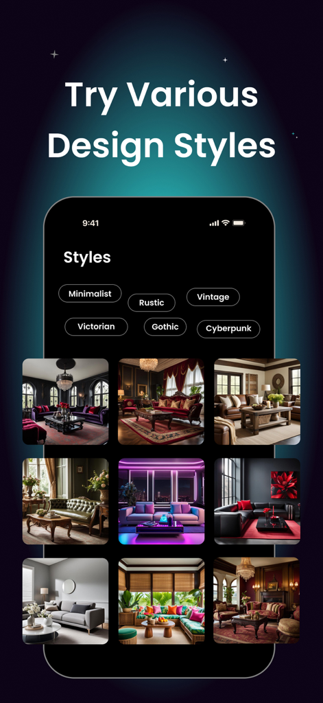A smartphone app screen showing various AI interior design styles and room previews