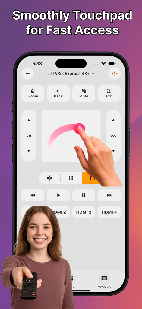 Android TV Remote Control. - Aplicación Control Remoto Android TV en iPhone mostrando un panel táctil de navegación y controles de smart TV.
