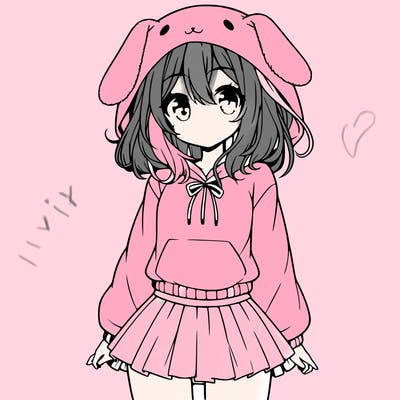 pretty anime girl wearing a fluffy hoodie with bunny ears on the hood and a skirt