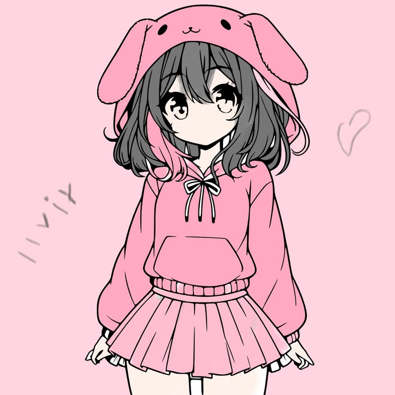 pretty anime girl wearing a fluffy hoodie with bunny ears on the hood and a skirt
