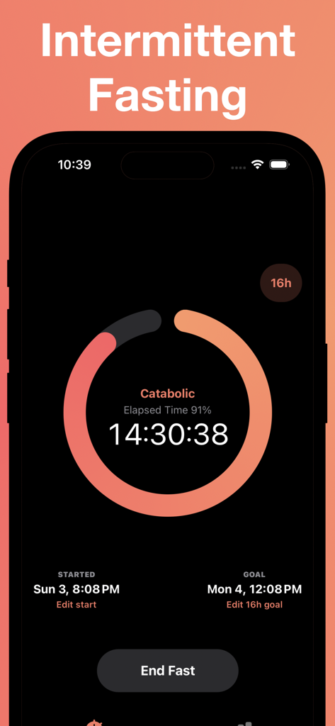 Minimalist intermittent fasting app interface featuring a countdown timer and circular progress indicator in dark mode.