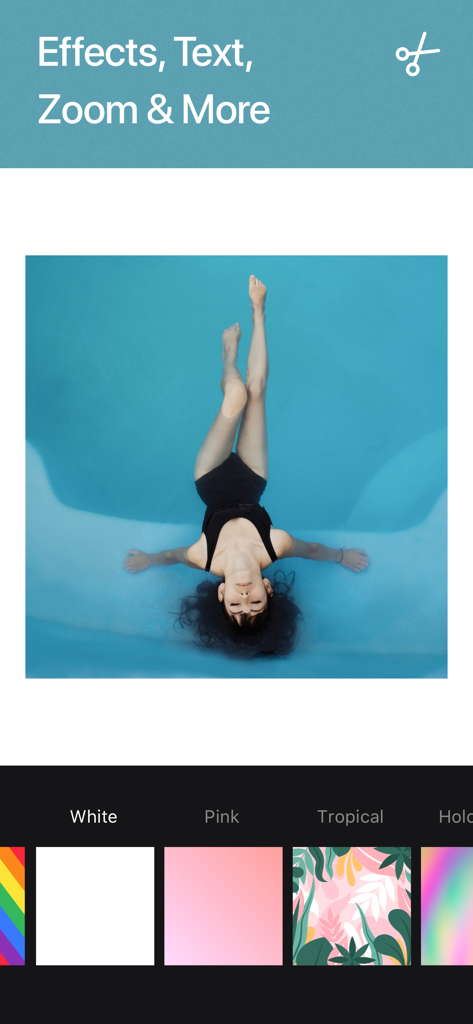 Interface of the Momento app showing photo editing features including effects text and background selection for creating GIFs