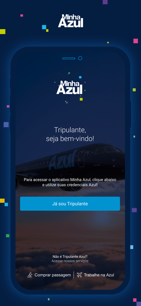 Minha Azul - Minha Azul app login screen for airline crew members with a welcome message and background of an airplane