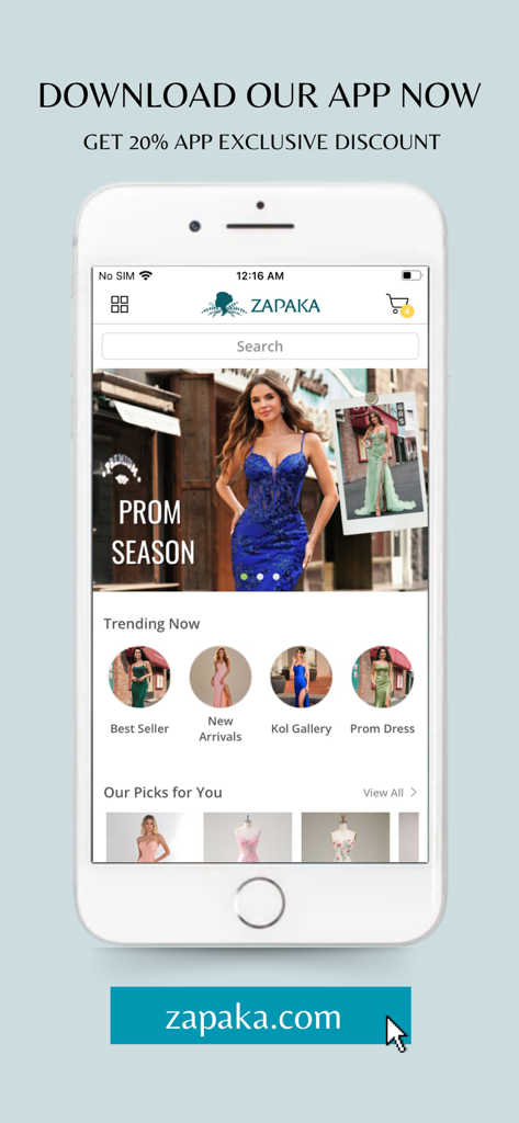ZAPAKA- Prom & Occasion Dress - ZAPAKAアプリのインターフェイス。プロムシーズンのドレスとトレンドのフォーマルウェアのカテゴリが表示されている