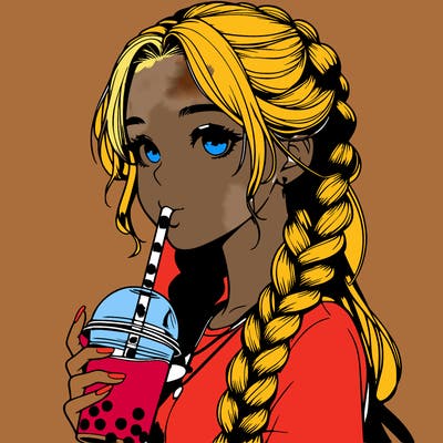 realistic girl with braided hair drinking boba