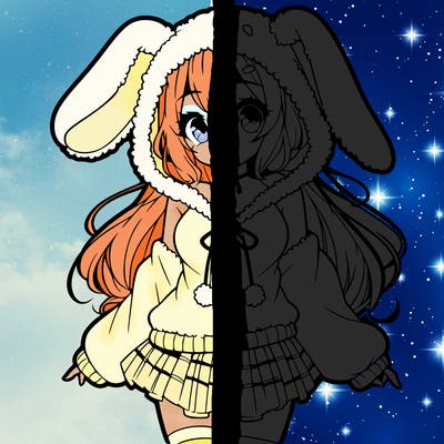 pretty anime girl wearing a fluffy hoodie with bunny ears on the hood and a skirt