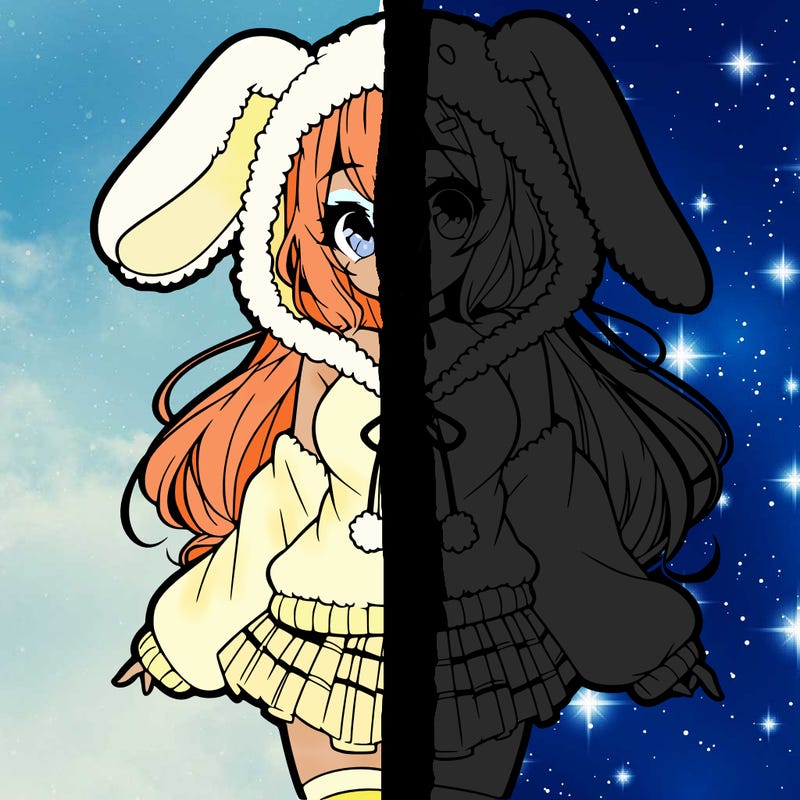 pretty anime girl wearing a fluffy hoodie with bunny ears on the hood and a skirt