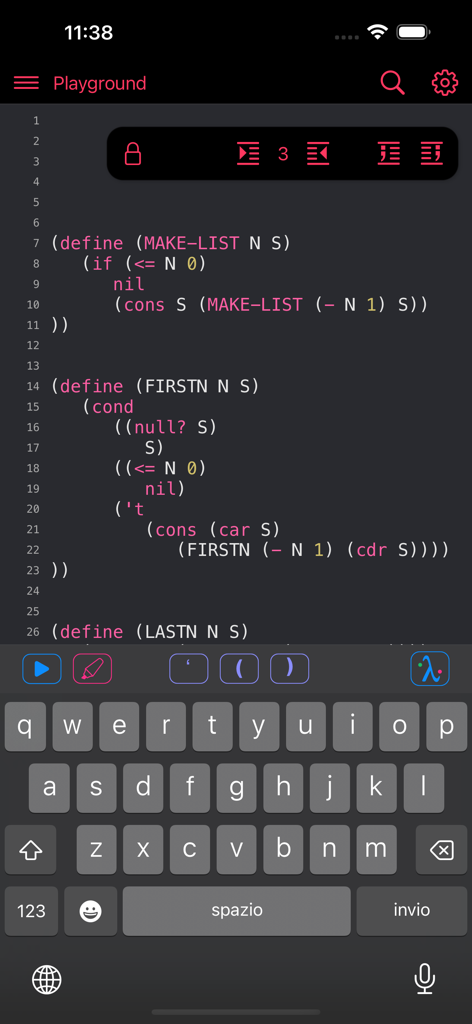 Code editor screen in the My Lisp app on iPhone featuring functional programming code.
