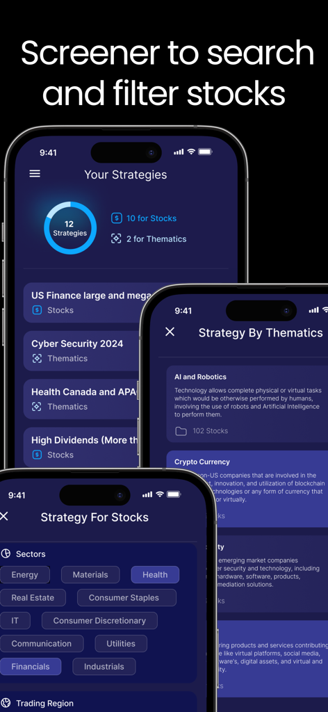 Interface do aplicativo móvel Stock-Alert.AI mostrando estratégias de filtragem de ações e setores