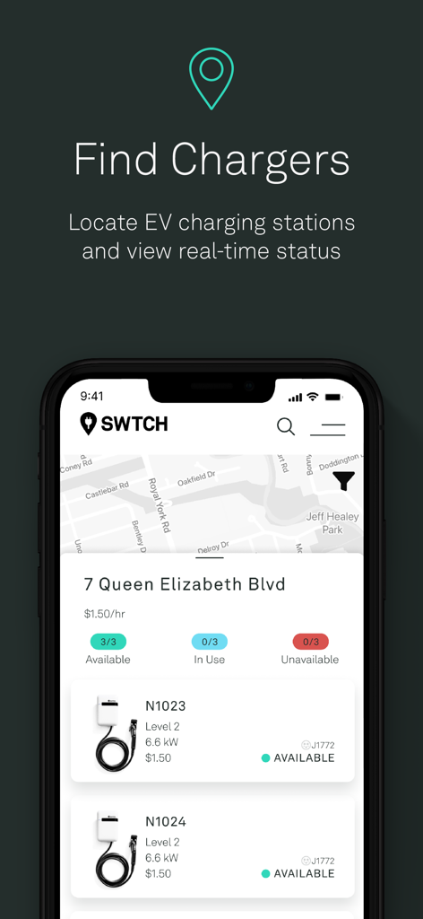 SWTCH - Interface of the SWTCH app showing a map and real-time availability of EV chargers