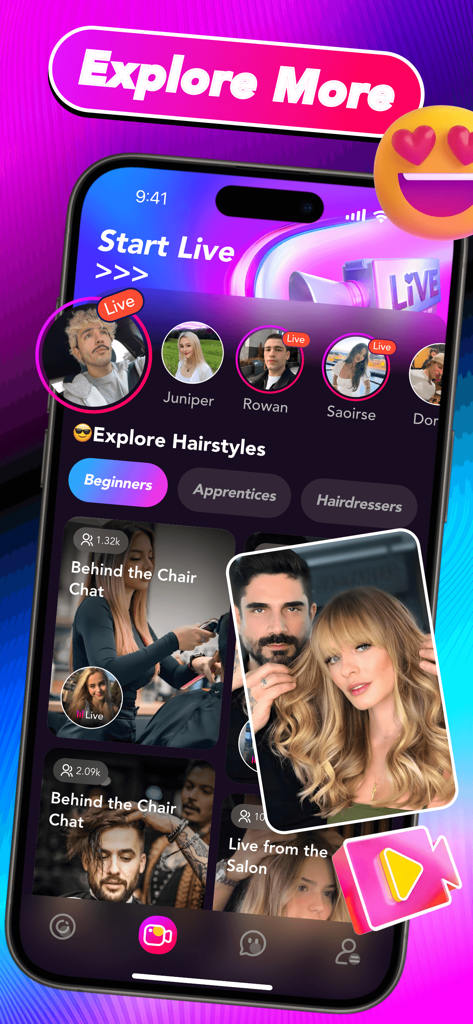 Omiva - 1v1 Chat & Go Live - Omiva mobile app interface showing live streaming hair tutorials and stylist community content