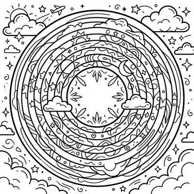 Dive into a world of color with this enchanting full-circle rainbow coloring page, specially designed for kids aged 4-8. Young artists will love bringing to life the playful sky elements and celestial patterns within this unique design.
