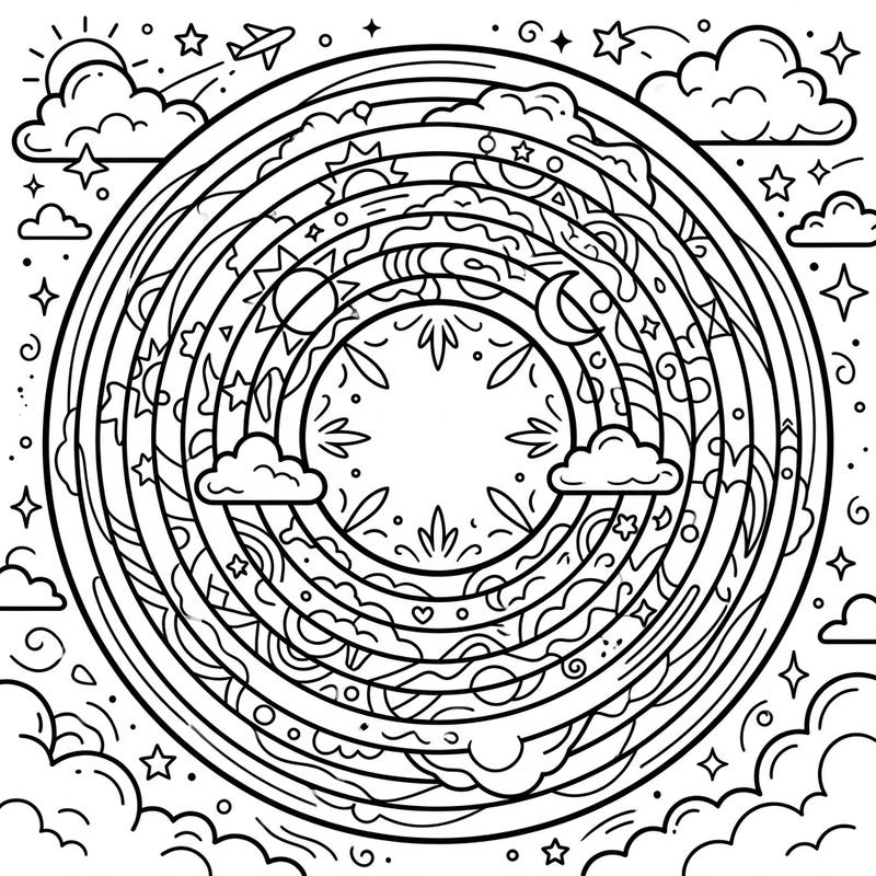 Dive into a world of color with this enchanting full-circle rainbow coloring page, specially designed for kids aged 4-8. Young artists will love bringing to life the playful sky elements and celestial patterns within this unique design.