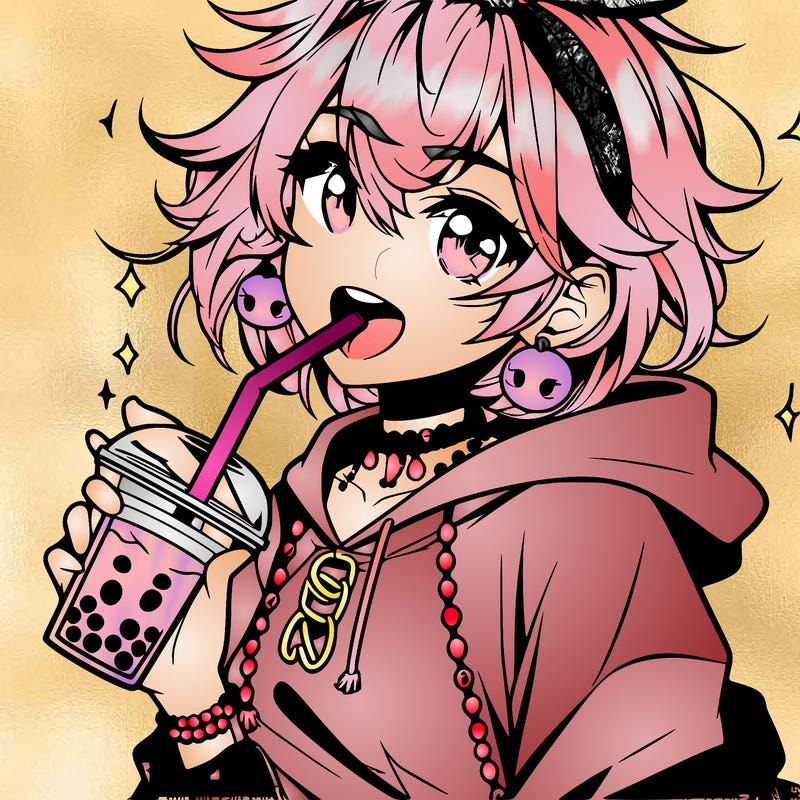 hot baddie anime girl drinking boba and biting the straw