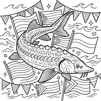 Celebrate Pride Month with this unique sturgeon coloring page, thoughtfully designed with large, clear outlines perfect for seniors. Enjoy a vibrant aquatic scene filled with festive Pride flags and banners, promising a relaxing and meaningful coloring experience.