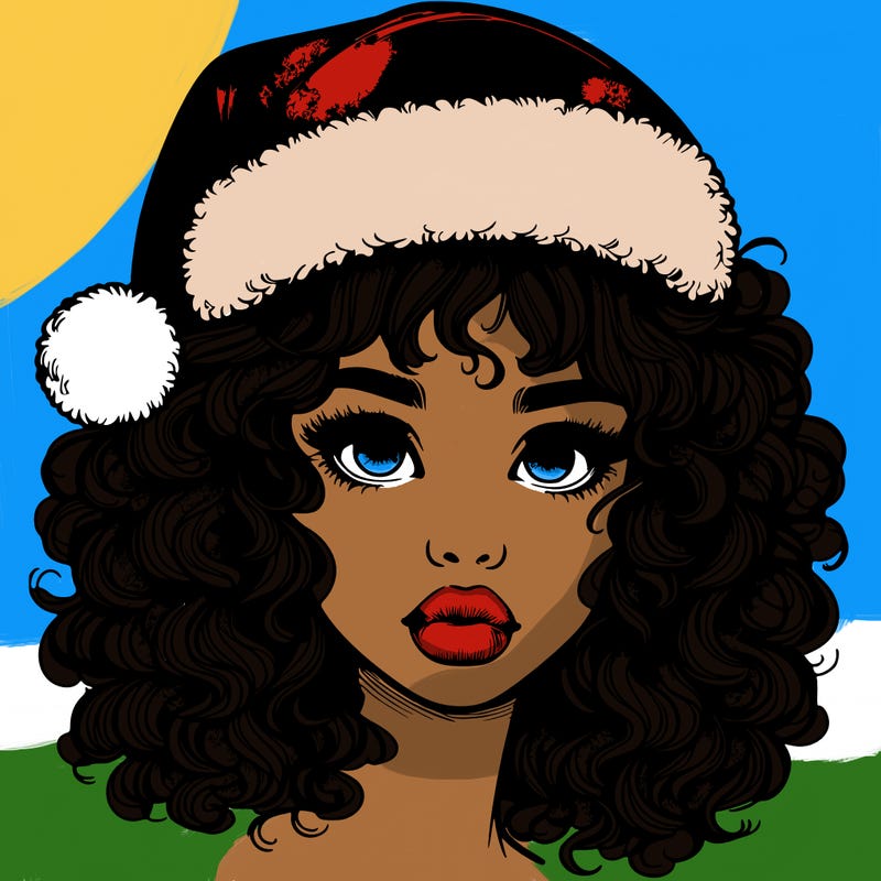 realistic girl with a santa hat curly hair and lips