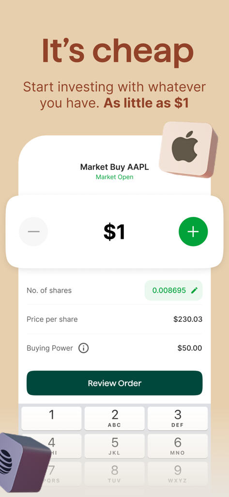Bamboo app screen showing a one dollar fractional share investment in Apple stock