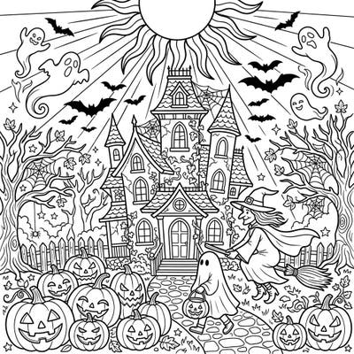 Dive into a uniquely bright Halloween scene where a spooky haunted house and classic characters meet the glow of the midday sun. This intricate coloring page promises hours of creative fun for colorists of all ages.
