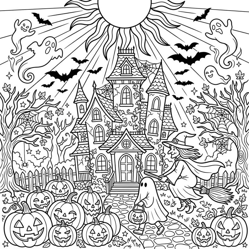 Dive into a uniquely bright Halloween scene where a spooky haunted house and classic characters meet the glow of the midday sun. This intricate coloring page promises hours of creative fun for colorists of all ages.
