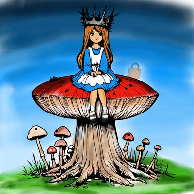 realistic girl sitting on a huge tree stump size toadstool with thorn crown