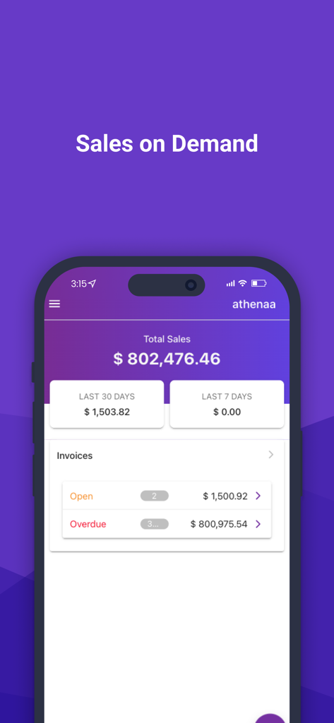 ABSS / Financio CONNECT - ABSS Financio CONNECT mobile app interface displaying total sales dashboard and invoice status overview