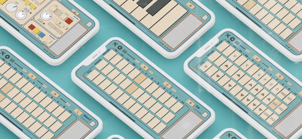 Multiple iPhones displaying the vintage-styled C.ARP music production app interface featuring chord buttons and synth controls.