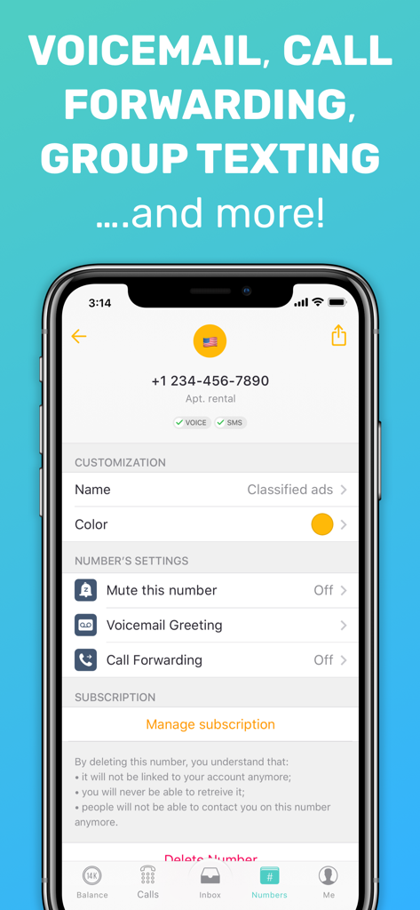 Screenshot of Free Tone app settings showing options for voicemail greeting, call forwarding, and number customization.