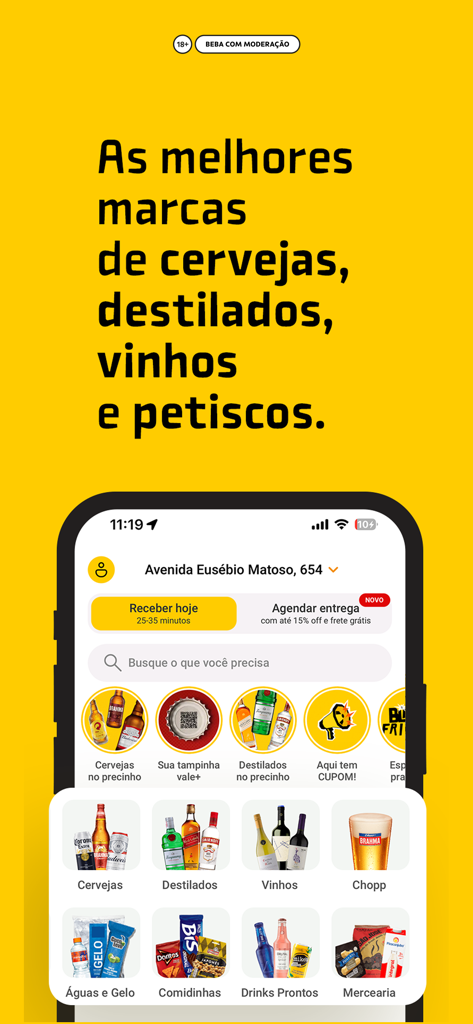 Startbildschirm der Ze Delivery App mit Kategorien für Getränke- und Snacklieferungen auf gelbem Hintergrund.