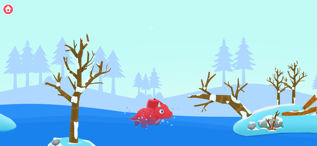 Dinosaur Park - Games for kids - 恐竜パークアプリの雪景色の中で、氷河の島を歩く赤いトリケラトプス。